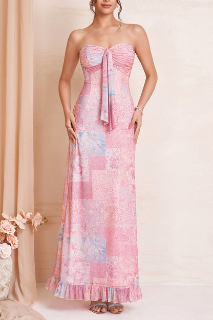 Patchwork Floral Strapless Tie Front Maxi Dress