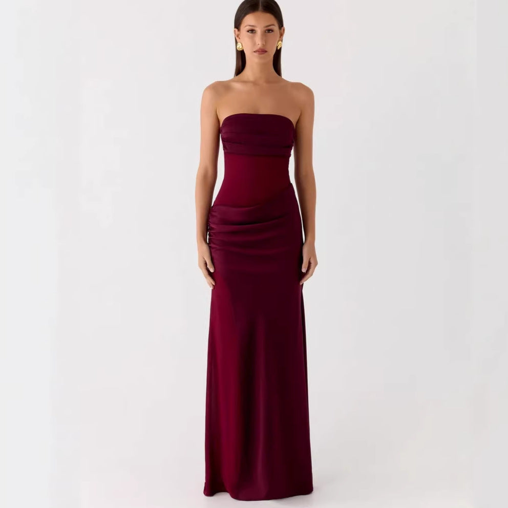 red bandeau backless pleated satin dress