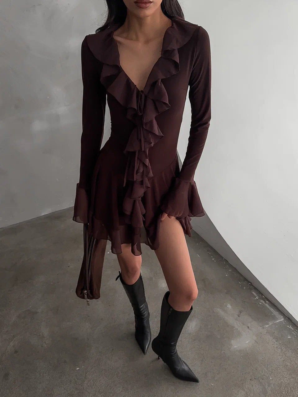 Deep-V mesh flared sleeves mini dress with ruffled trim
