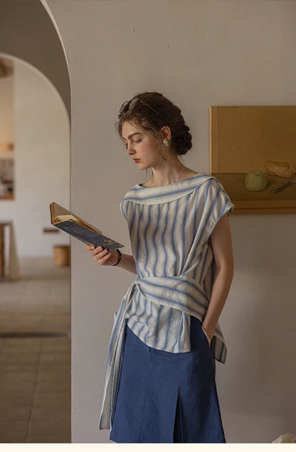 cross-shoulder off-shoulder off-line cotton woven jacquard striped shirt