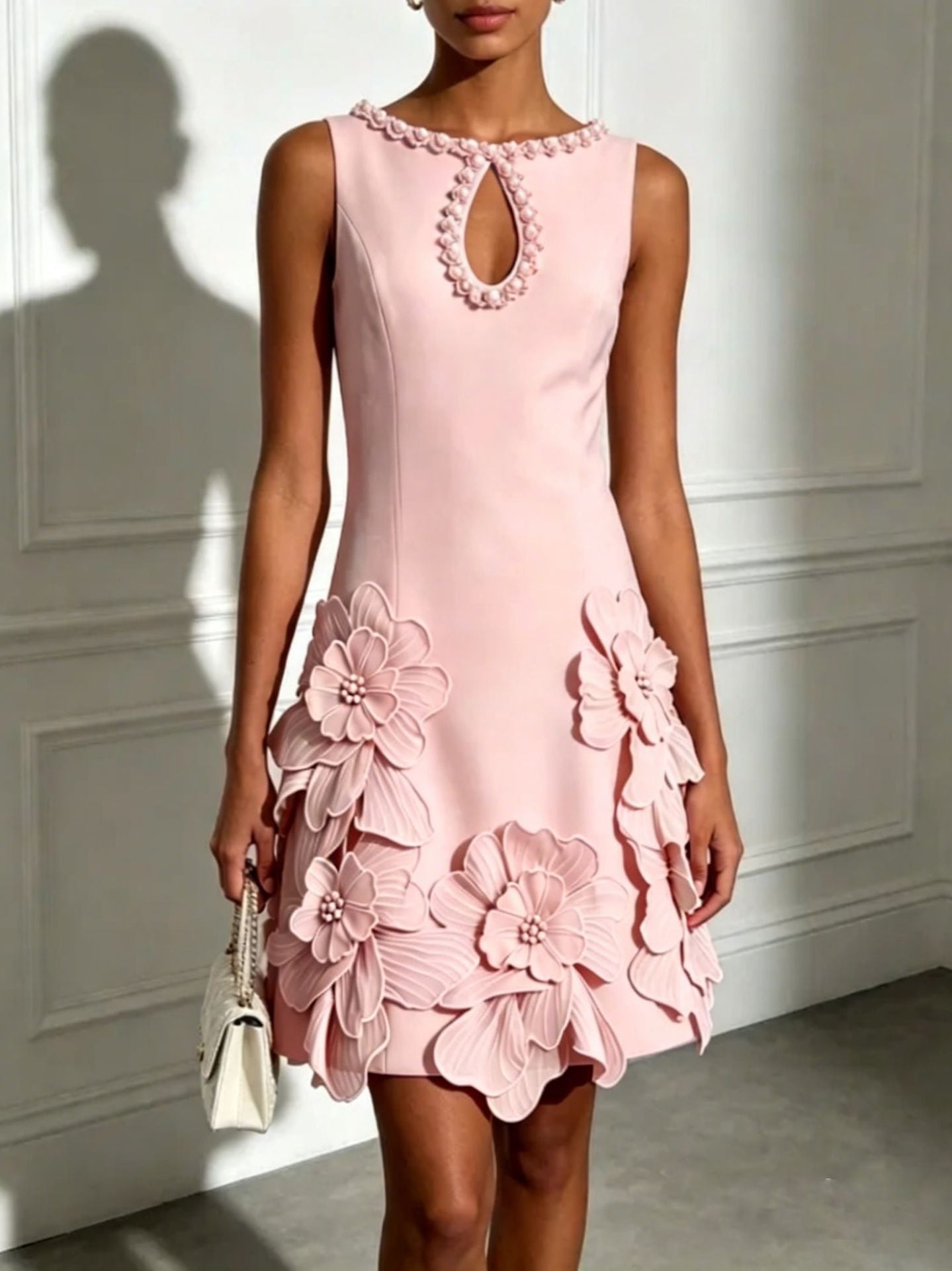 Sleeveless floral cut-out mini dress with pearl embellishments