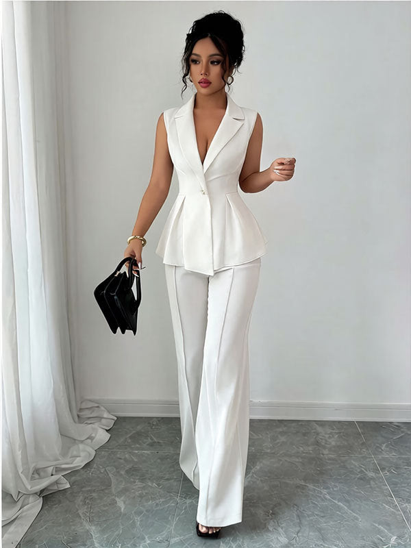 white Deep V-neck Sleeveless Pleated Top with Wide-Leg Pants Set