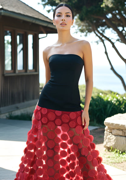 red banquet bandeau flow high-gloss sequin maxi dress