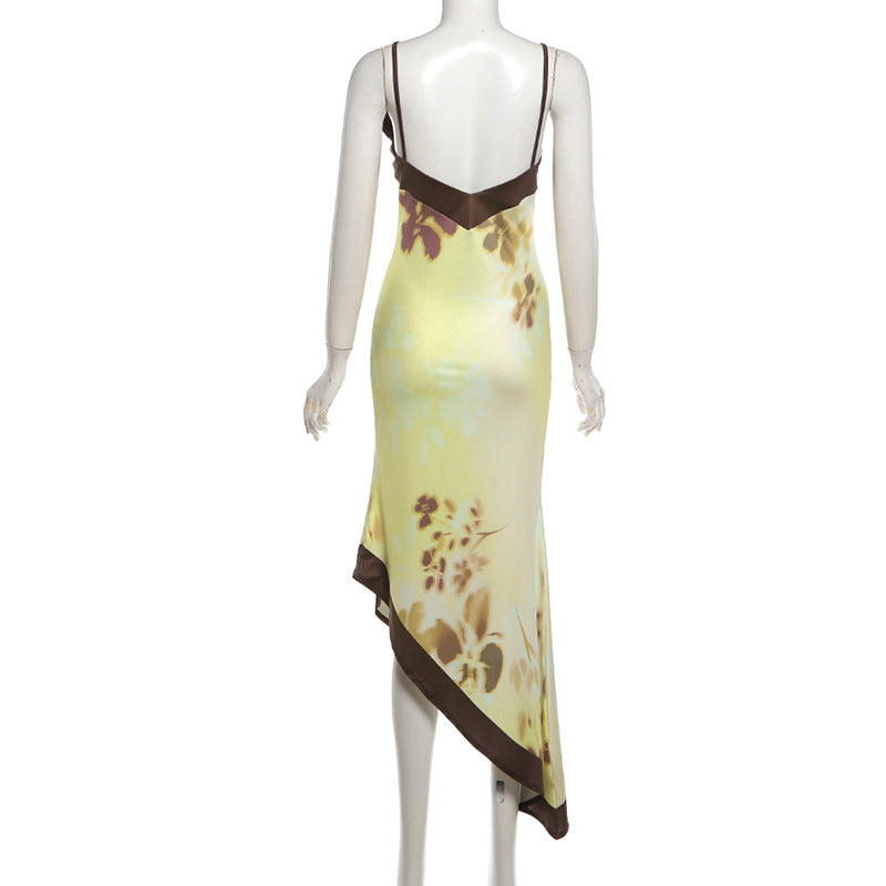 Printed Backless Cami midi Dress in yellow