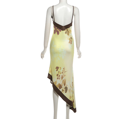 Printed Backless Cami midi Dress in yellow