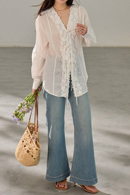 Retro V-neck lace embroidered Tencel shirt
