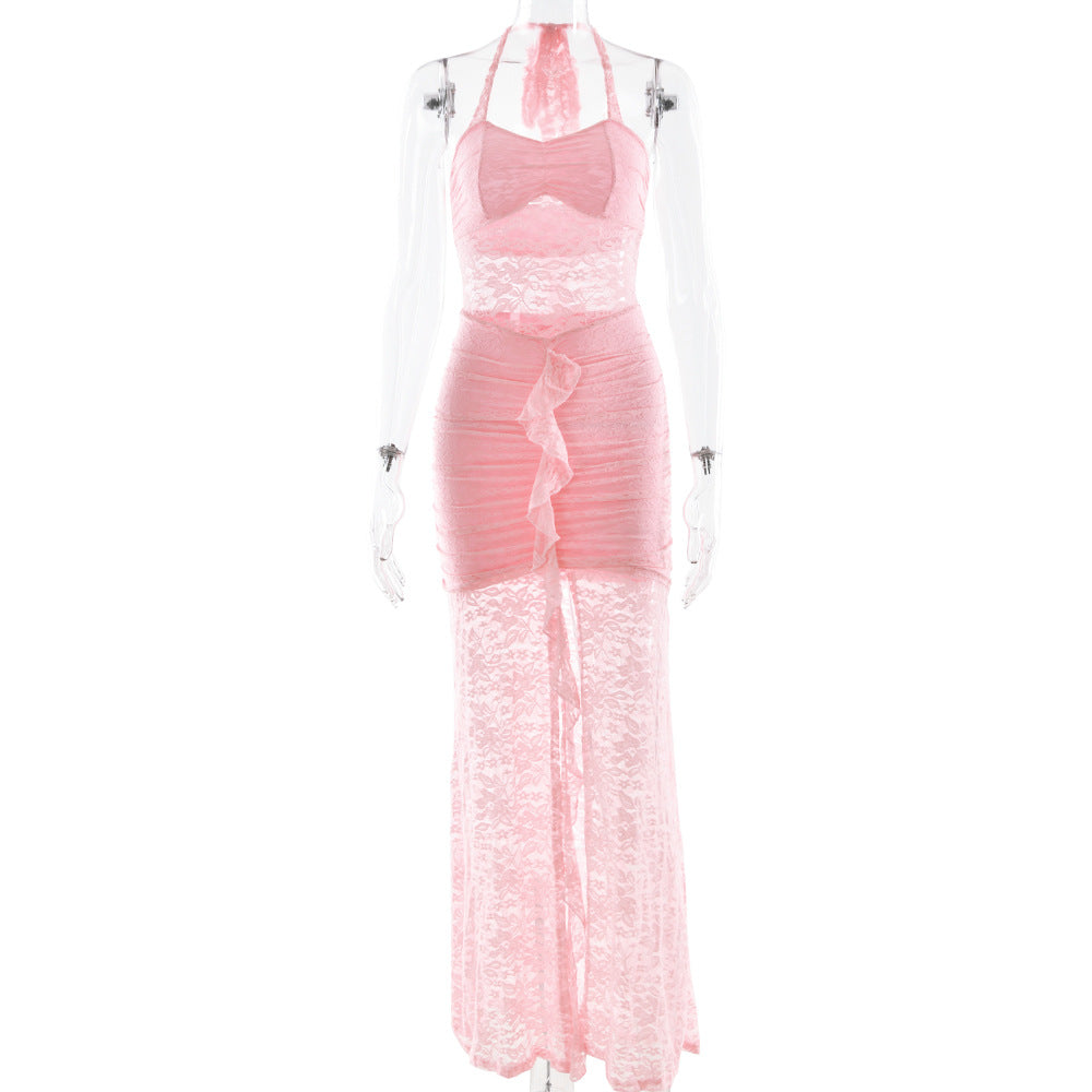 pink halterneck lace sleeveless backless dress