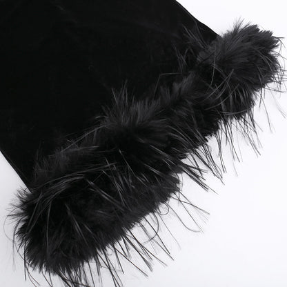 Furry Waist-cinching Mesh Patchwork maxi Dress