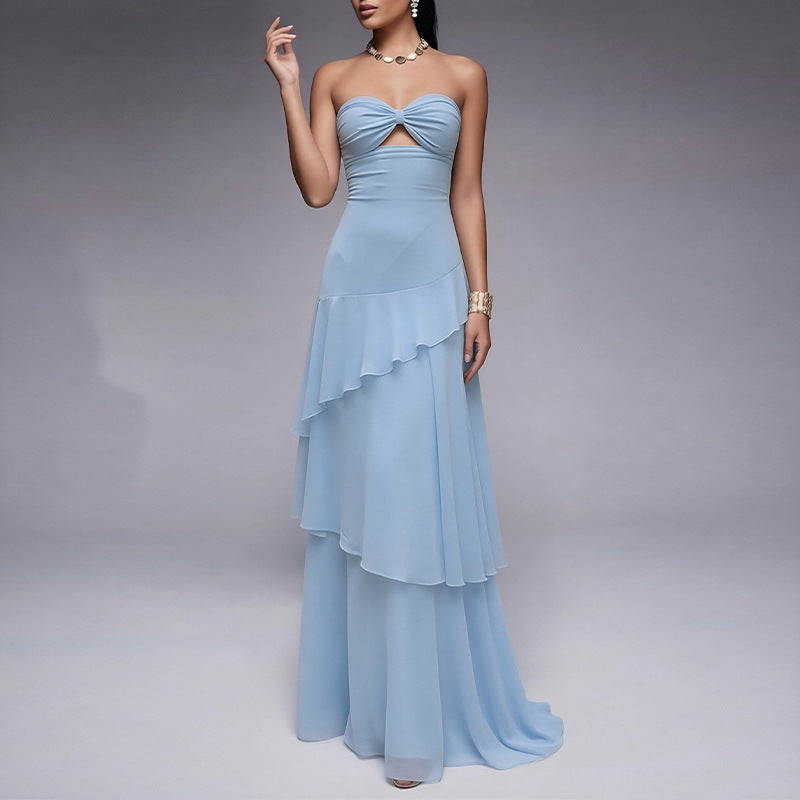 blue bandeau slim maxi dress
