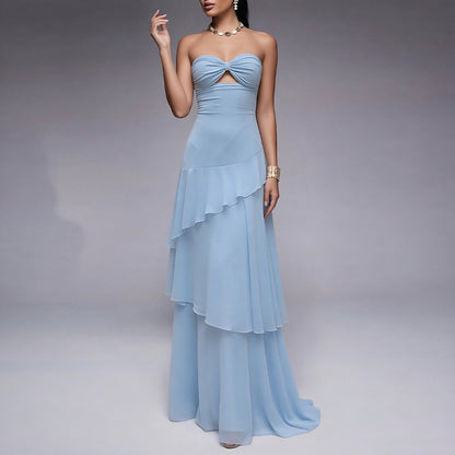 blue bandeau slim maxi dress