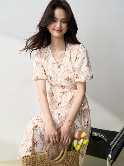 Retro V-neck puff sleeve printed tea maxi dress