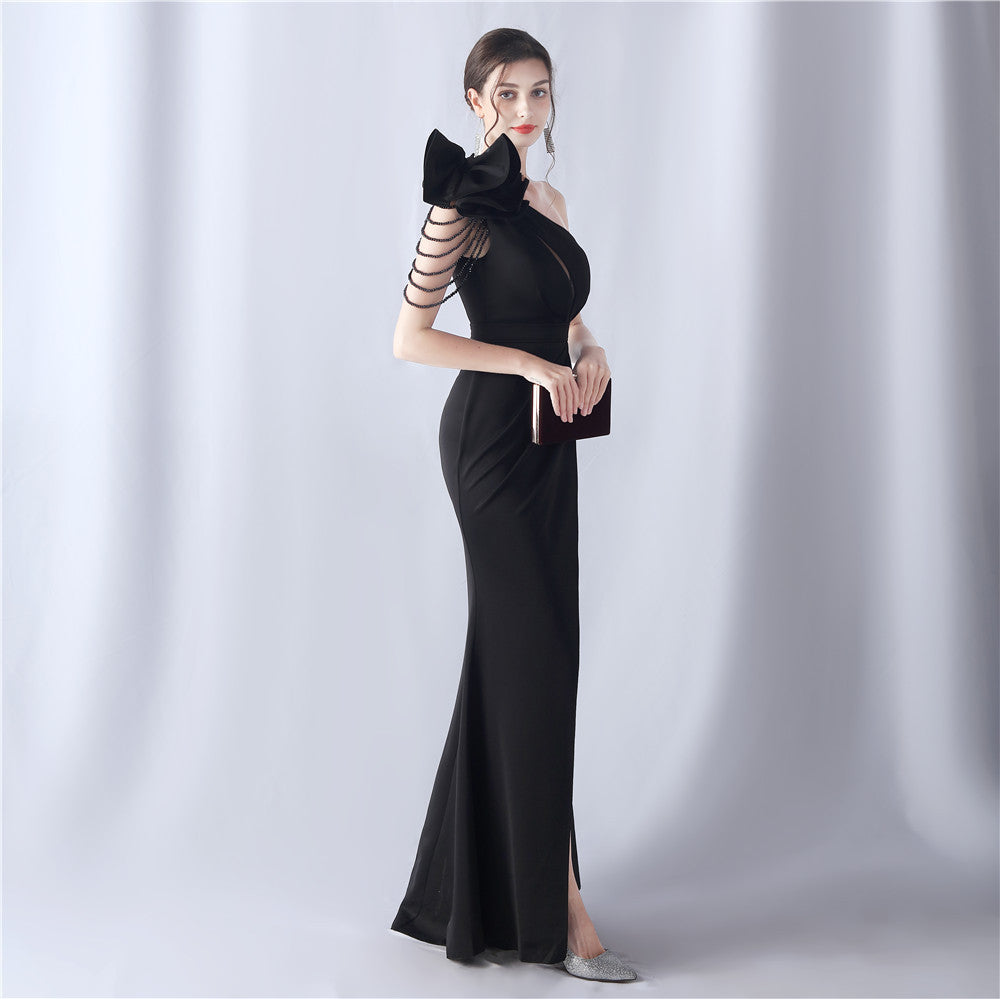 DEBBY BLACK ONE SHOULDER FLOWER CUT OUT SLIT MAXI DRESS