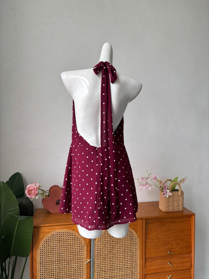red polka dot halterneck backless mini dress
