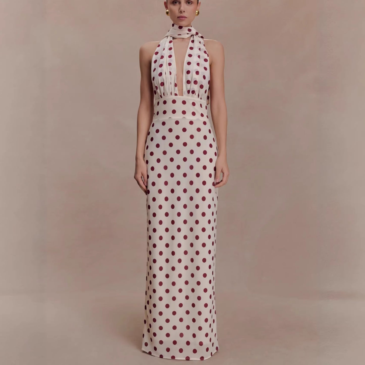 deep V print halterneck dress