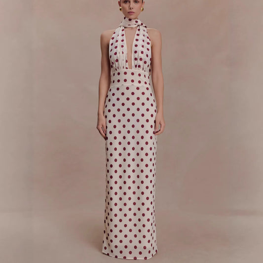deep V print halterneck dress