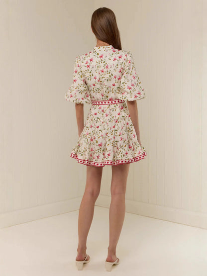Belt Floral Puff Sleeve Mini Dress