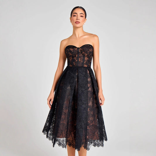 AGNENS Black Sexy Strapless Embroidered Lace Midi Dress