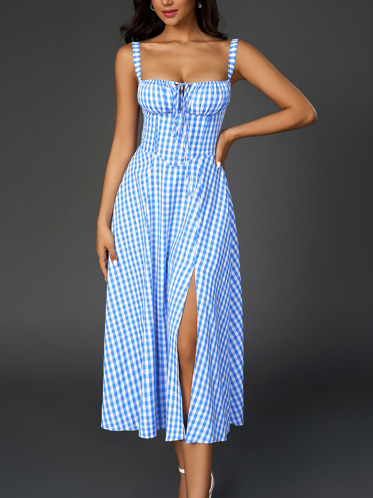 blue plaid herringbone slip slit backless chest tie long dress