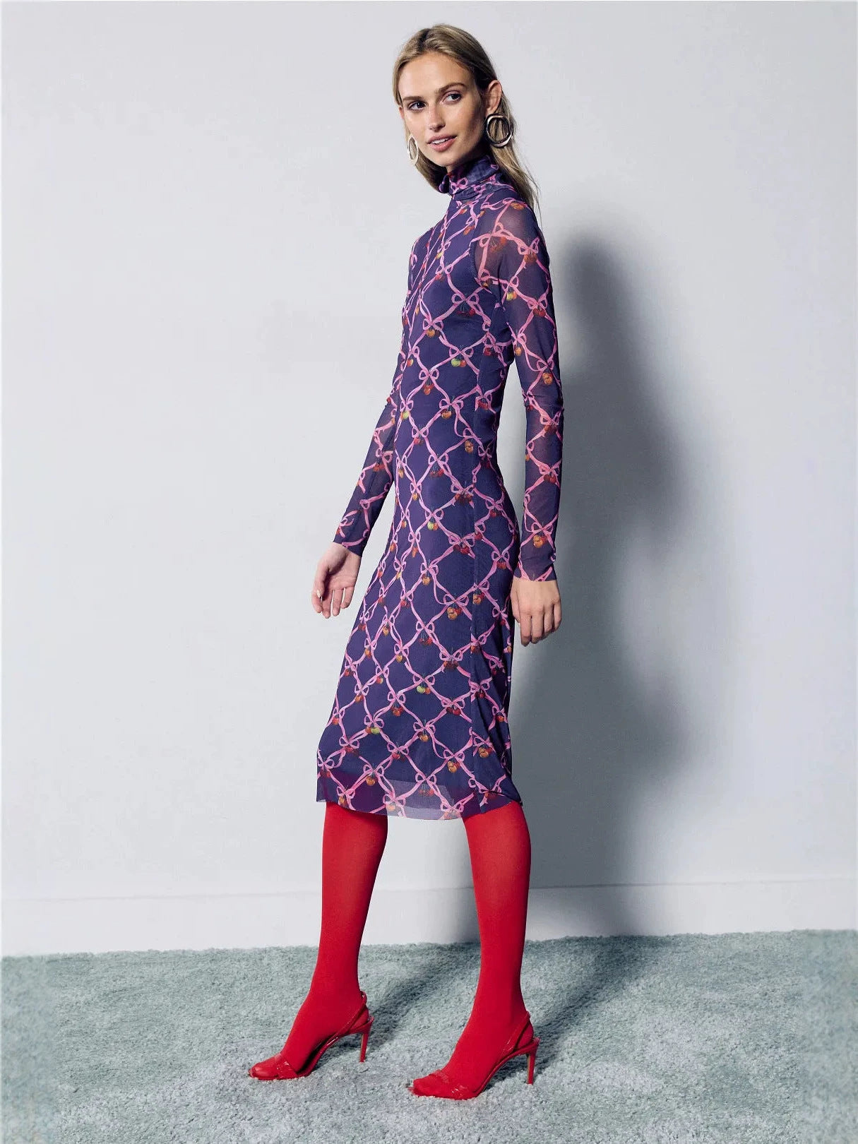 Sheer Mesh midi Dress with Multicolored Polka Dots