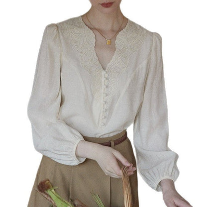 French retro embroidered V-neck shirt