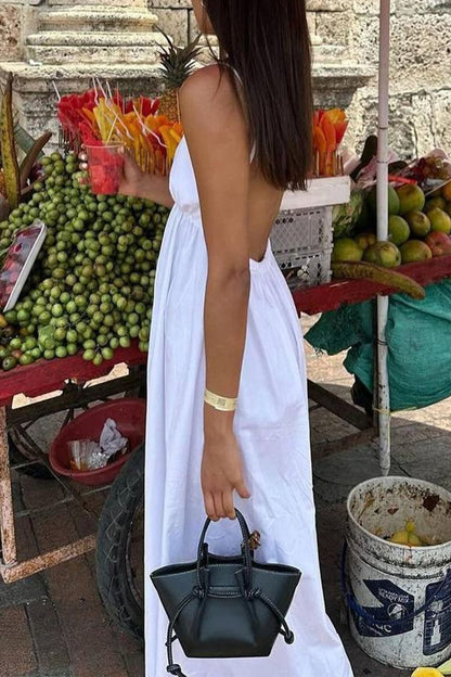 white suspender deep V high-waisted loose dress