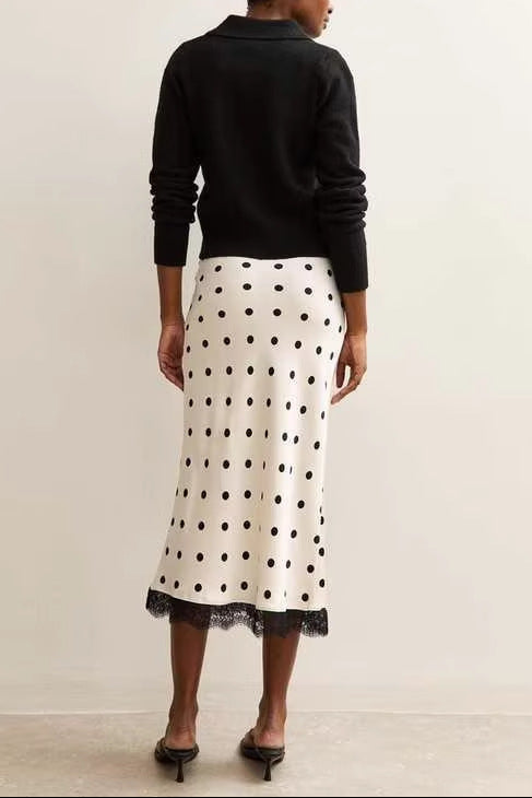 white polka dot lace patchwork midi skirt