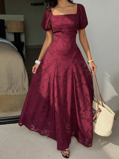 red wine square neck puff neck jacquard waist dress