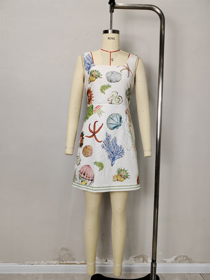 Backless Print Strap Mini Dress - white