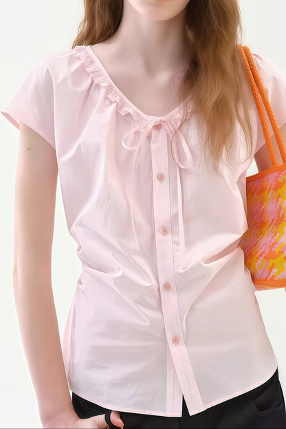 Ruffled V-neck tie-sleeve shirt
