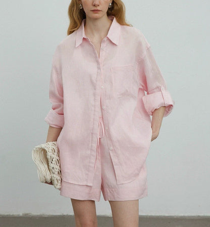 White linen oversized shirt and shorts set