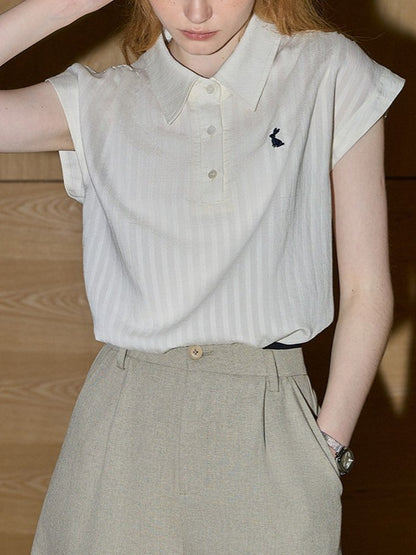 cream-white Polo Collar Embroidered Sleeveless Shirt