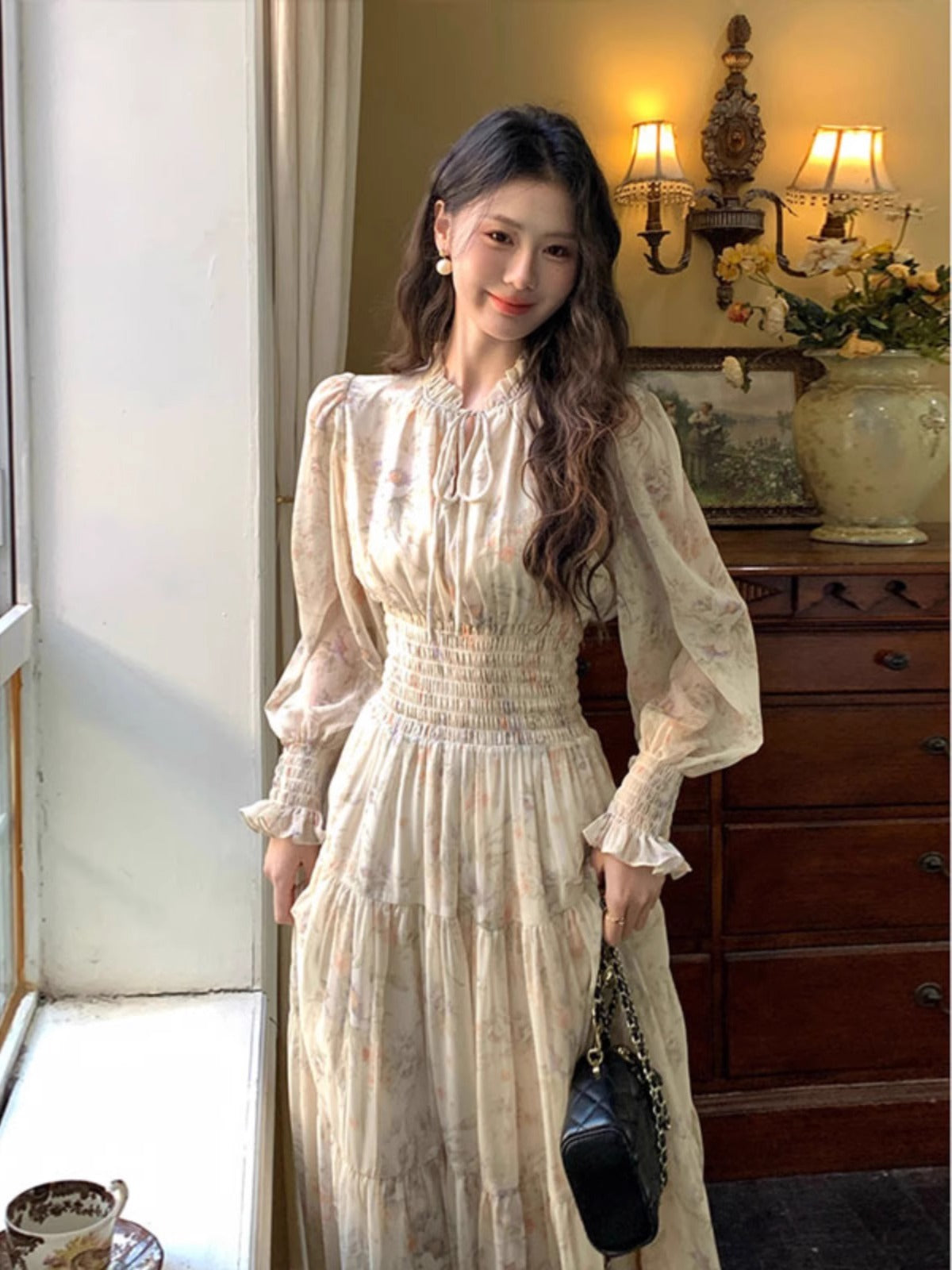 French floral print chiffon maxi dress
