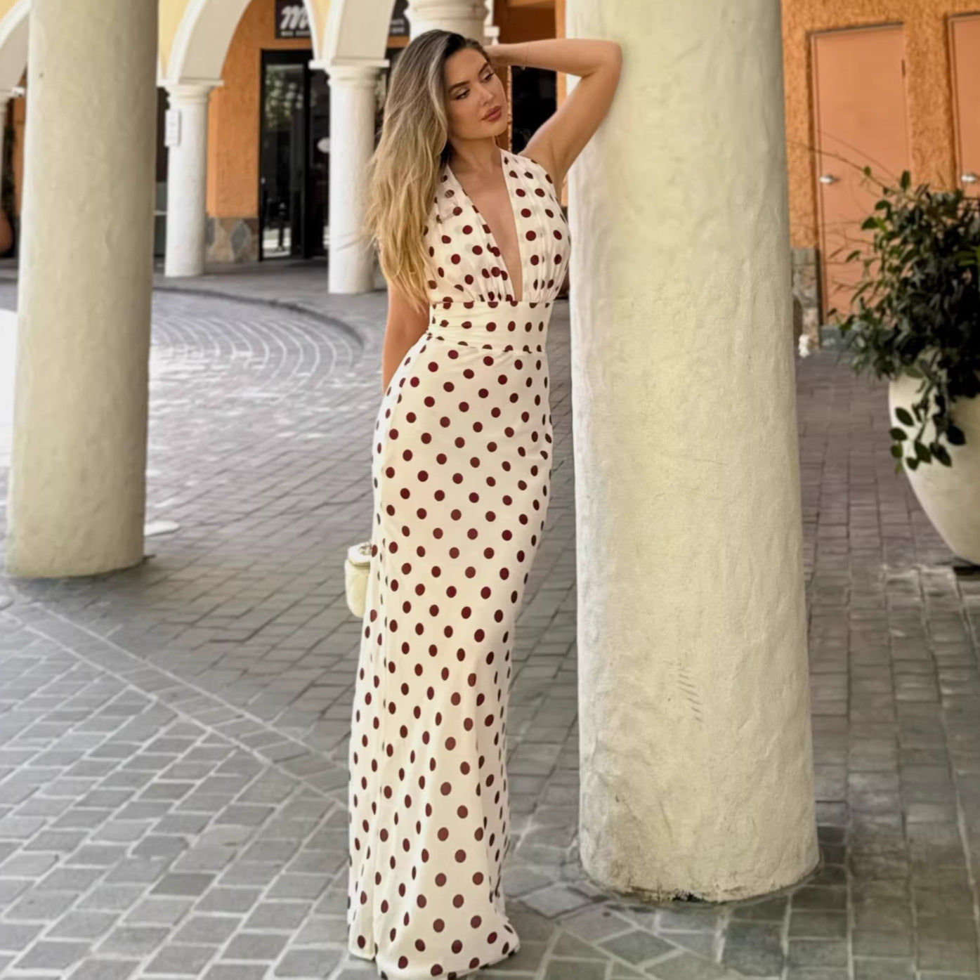 deep V print halterneck dress