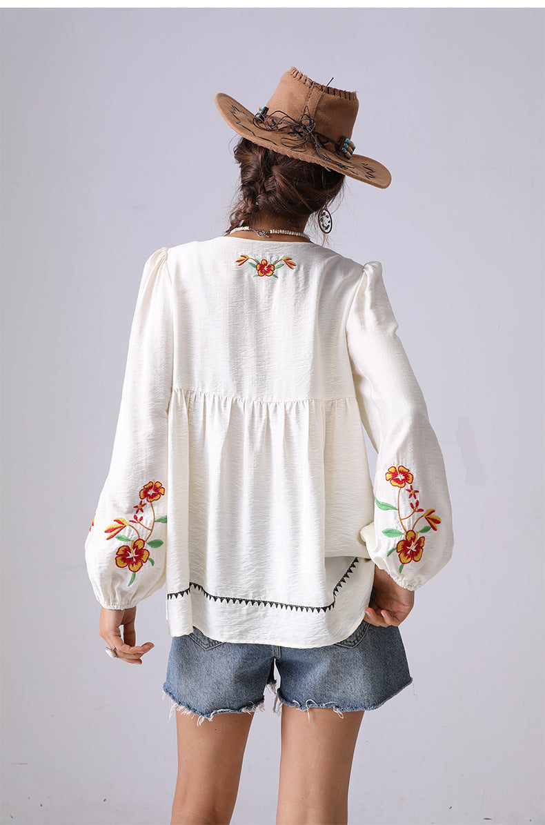 embroidered V-neck French long-sleeve shirt
