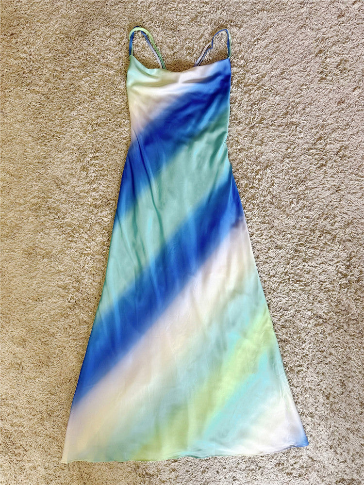satin silky swing neck ombre open back dress