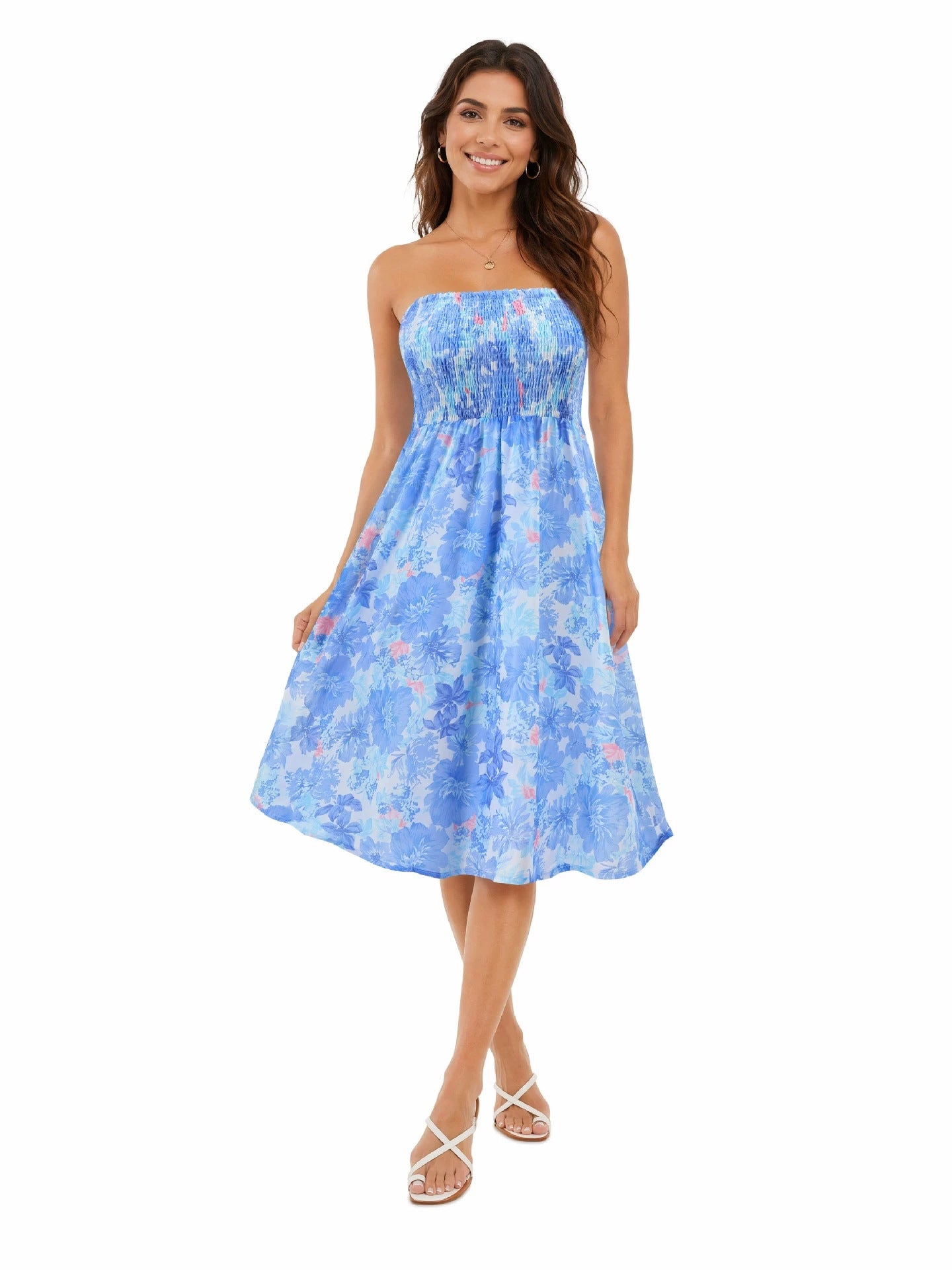 Beach-print strapless midi dress in blue