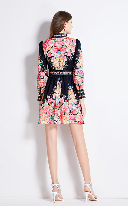 Stand-collar single-breasted lantern-sleeve mini dress