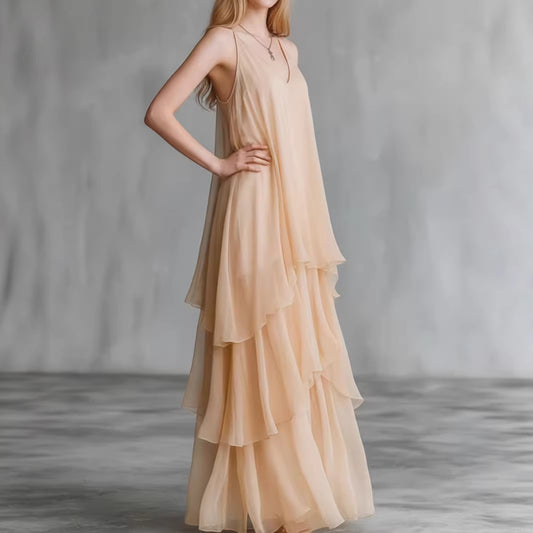Flowy layered sleeveless slip tulle midi dress