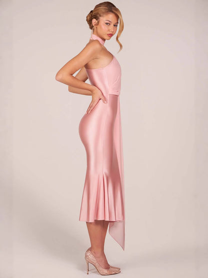 pink halterneck satin bread streamer dress