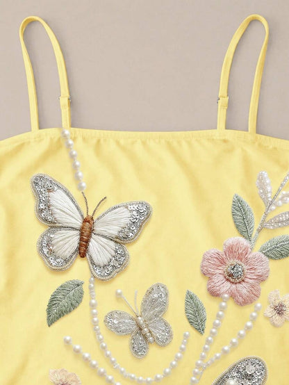 Butterfly floral print embroidered camisole mini dress