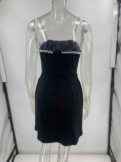 Black Beaded Mini Dress - Embellished Suspender Party Dress