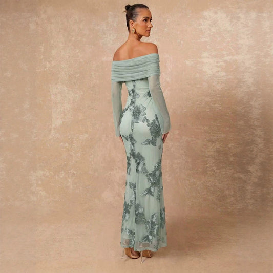 off-shoulder floral jacquard mesh maxi dress