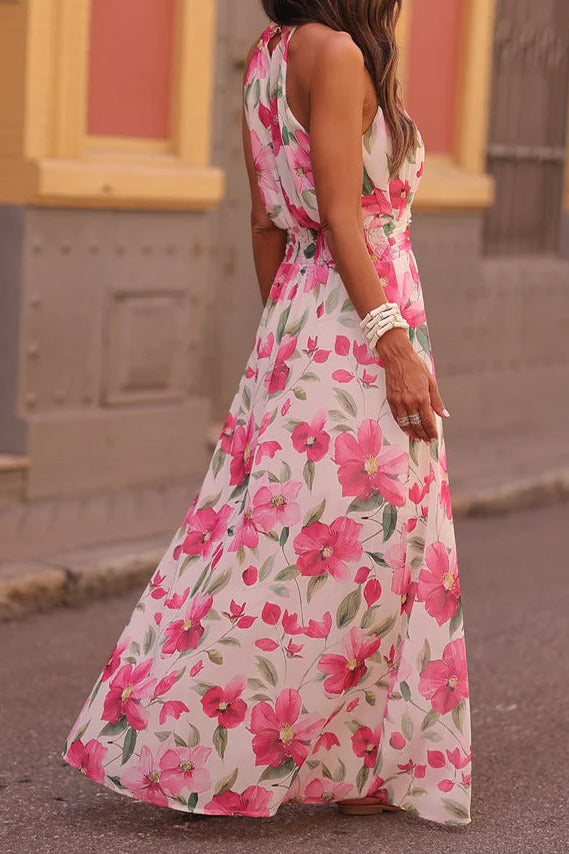 Printed Wrap-Style halter Ruched Maxi Dress - whtie & red