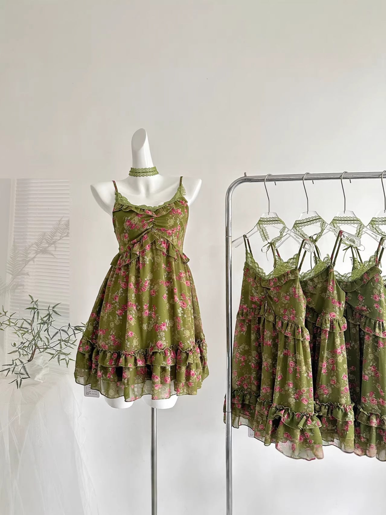 Country-style floral multi-layered cake mini dress - Green