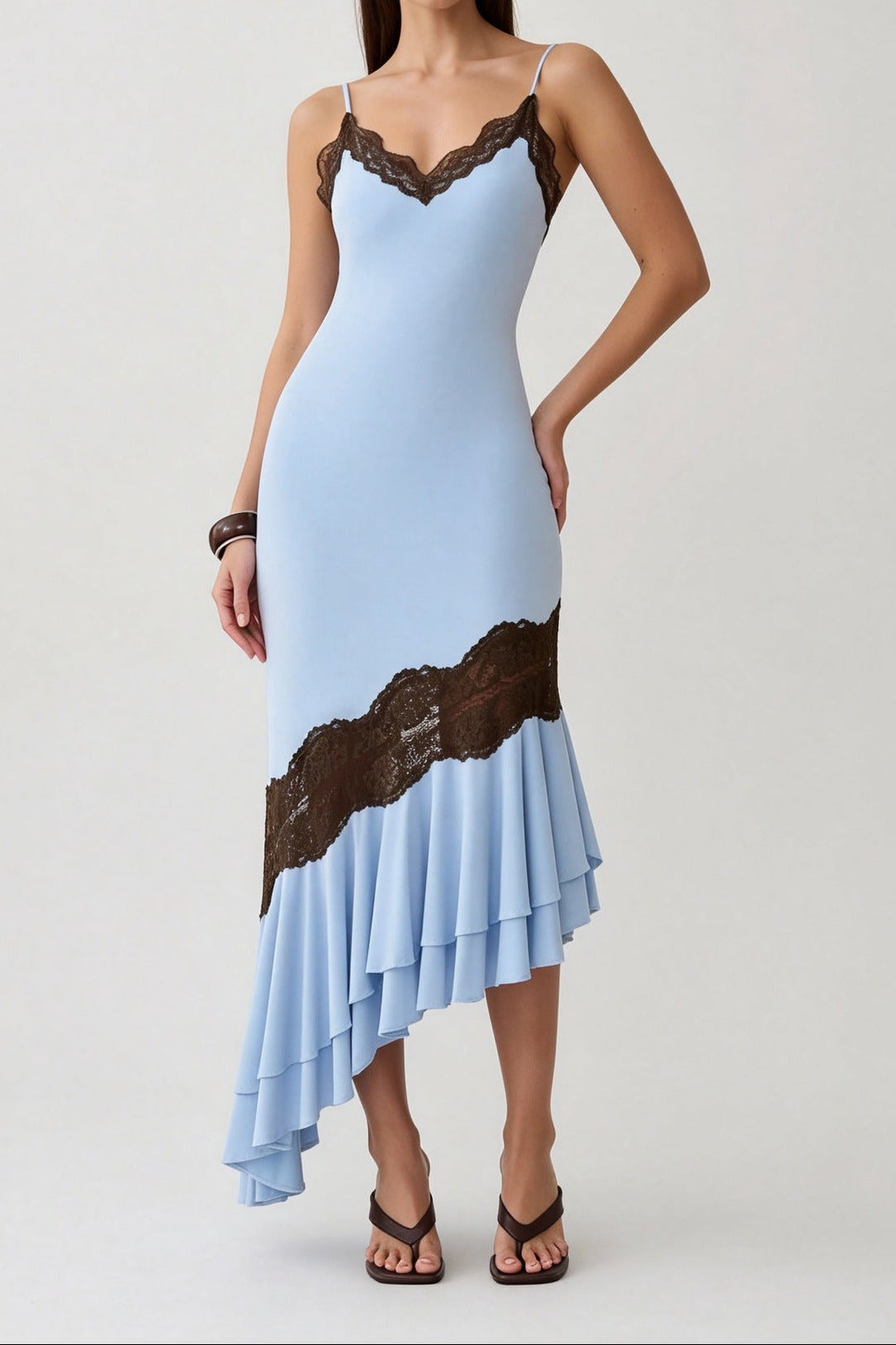 blue V-neck camisole maxi dress with asymmetrical lace splicing & cut-out