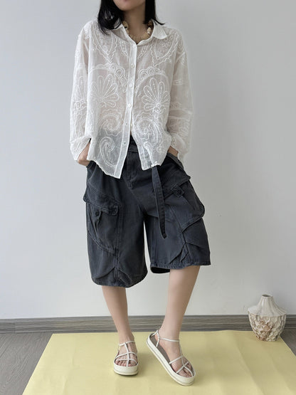 Lightweight Embroidered Paisley Cardigan Shirt - White