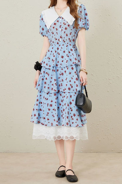 lace splicing print Tiered maxi dress in blue