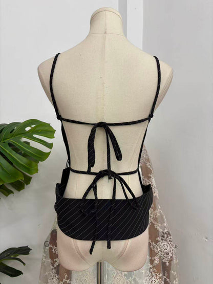 Black Vertical Pattern Backless Suspender Top