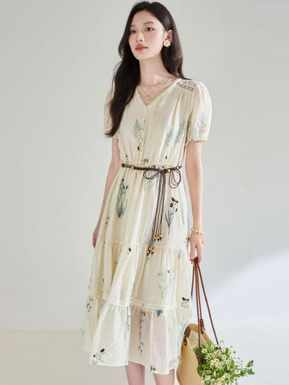French Embroidered Tencel Pleated Textured midi Dress