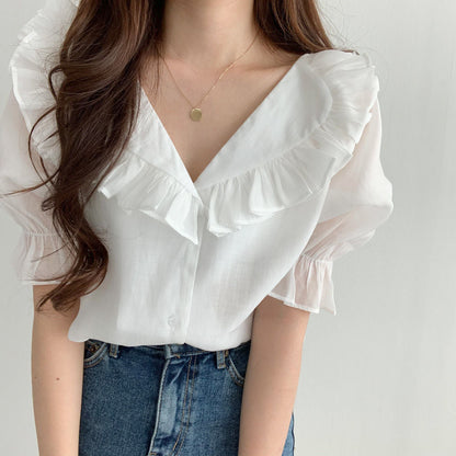 Ruffled puff sleeve chiffon blouse